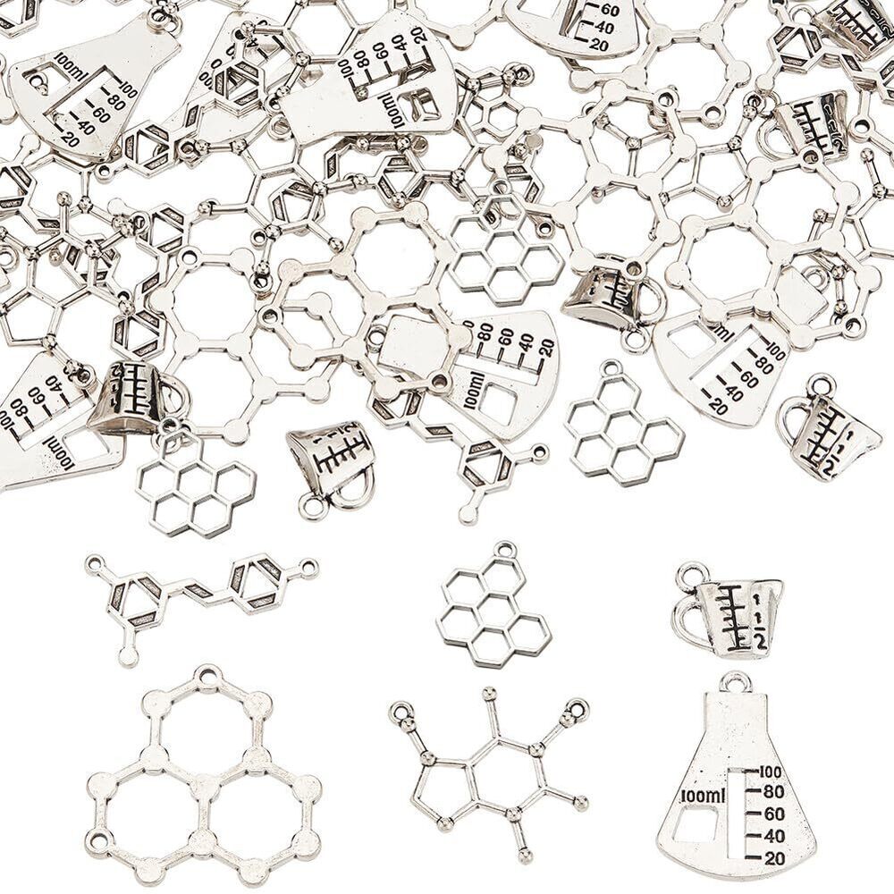 3566 1 Box 60Pcs 6 Style Science Charms Chemistry Caffeine Molecule Charm